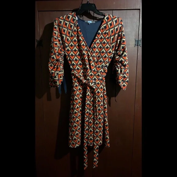 Eva Franco Dresses | Nwot Eva Franco April Knit Sweater Wrap Dress In Metroland Pattern Size 6 | Color: Red | Size: 6 | Trixietlg's Closet